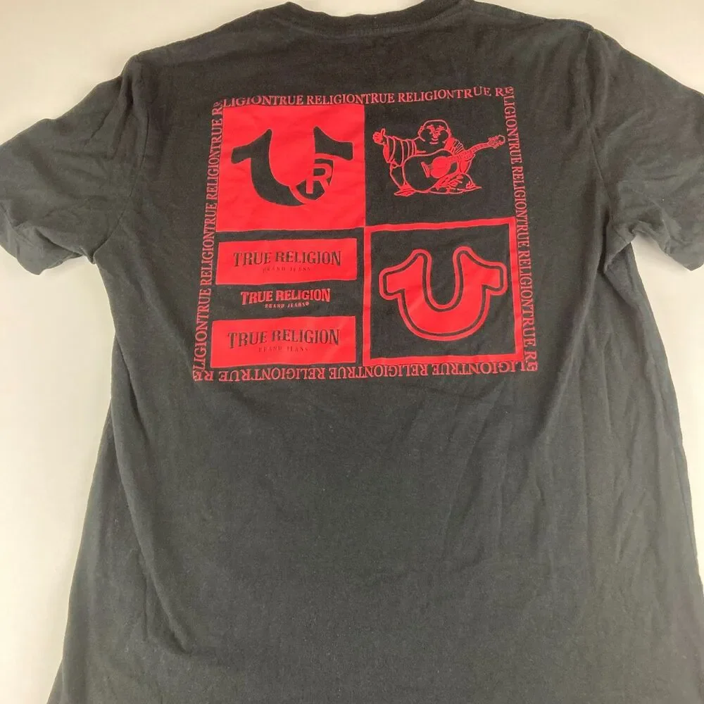 True Religion T Shirt Mens Large Black Red Logo Buddha Graphic Front Back Tee